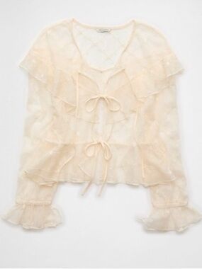 American Eagle Sheer Embroidered White Ruffle Blouse